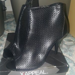 Black faux leather open toed booties